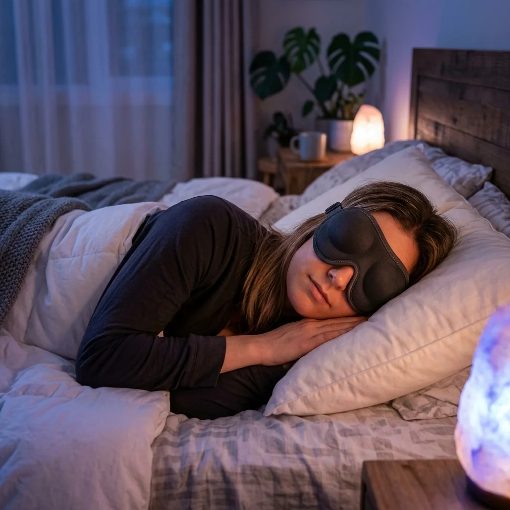 Peaceful sleep in dark bedroom with sleep mask