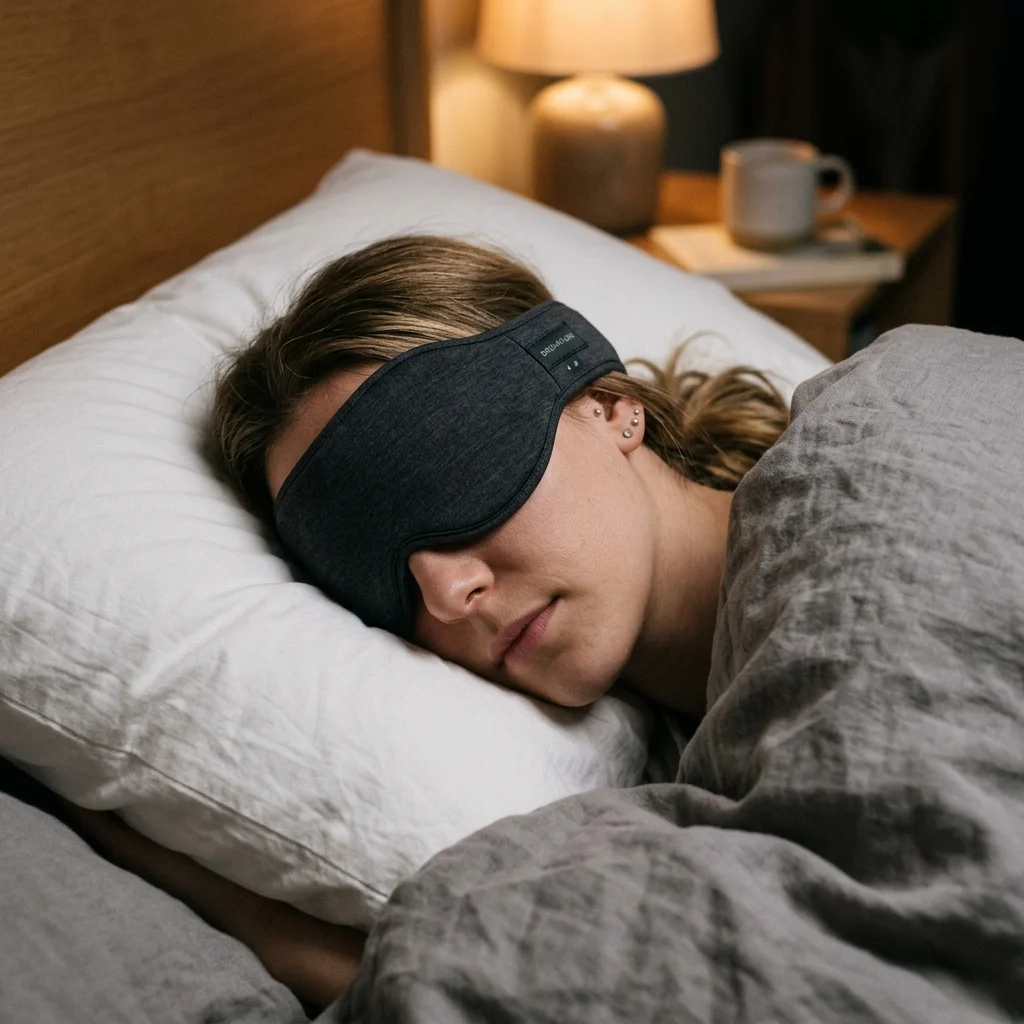 Side sleeper wearing comfortable Aura sleep mask