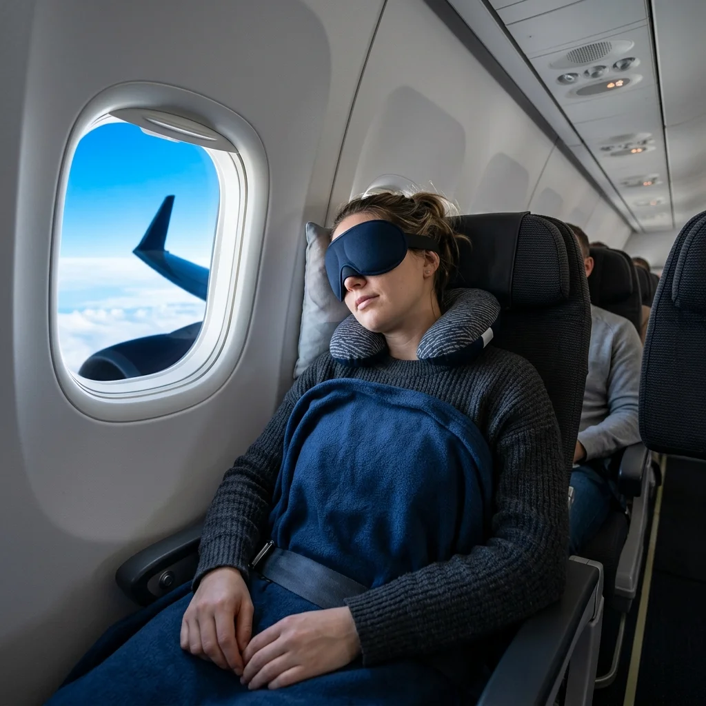 Traveler resting comfortably in plane seat with sleep mask